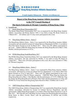 Report of the Hong Kong Amateur Athletic Association to the 374Th