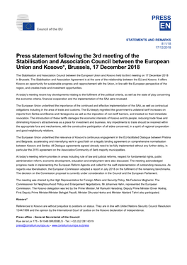 Press Statement Following the 3Rd Meeting of the Stabilisation and Association Council Between the European Union and Kosovo*, Brussels, 17 December 2018