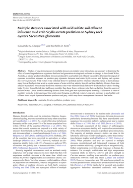 Multiple Stressors Associated with Acid Sulfate Soil Effluent Influence Mud Crab Scylla Serrata Predation on Sydney Rock Oysters Saccostrea Glomerata