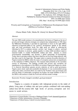 Poverty and Corruption As Constraints to Millennium Development Goals (Mdgs) in Northern Nigeria Charas Madu Tella1, Shehu M. Li