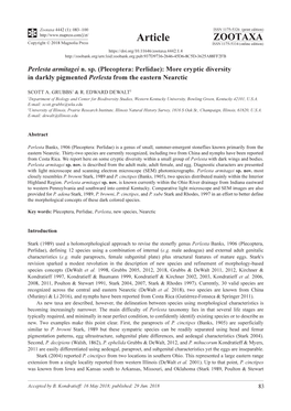 Perlesta Armitagei N. Sp. (Plecoptera: Perlidae): More Cryptic Diversity in Darkly Pigmented Perlesta from the Eastern Nearctic