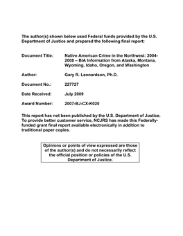 Native American Crime in the Northwest: 2004-2008 – BIA Information from Alaska, Montana, Wyoming, Idaho, Oregon, and Washington