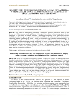 Relación De La Temporalidad (Estiaje Y Lluvias) Con La Riqueza Y Abundancia De Arañas Saltarinas (Araneae: Salticidae) En Cinco Localidades De San Luis Potosí