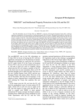 “BREXIT” and Intellectual Property Protection in the UK and the EU