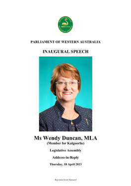 Ms Wendy Duncan, MLA (Member for Kalgoorlie)