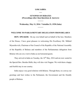 LOK SABHA ___ SYNOPSIS of DEBATES (Proceedings Other Than