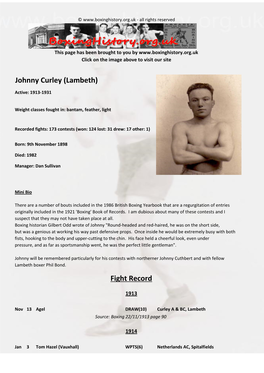 Fight Record Johnny Curley (Lambeth)
