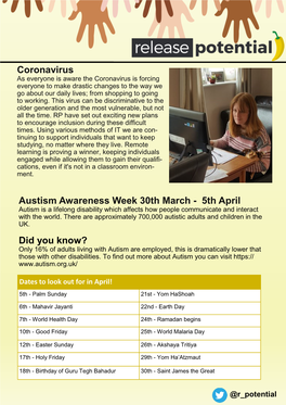 Coronavirus Austism Awareness Week 30Th March