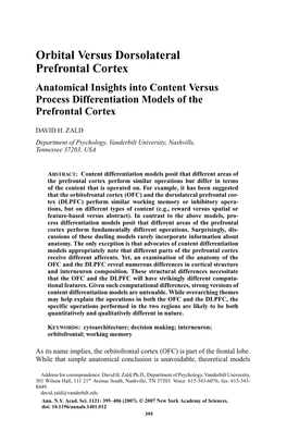 Orbital Versus Dorsolateral Prefrontal Cortex Anatomical Insights Into Content Versus Process Differentiation Models of the Prefrontal Cortex