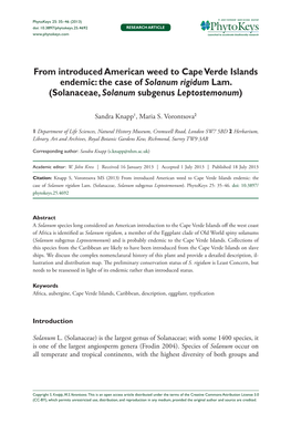 From Introduced American Weed to Cape Verde Islands Endemic: the Case of Solanum Rigidum Lam