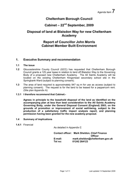 September, 2009 Disposal of Land at Blaisdon Way for New Cheltenham Academy Report of Councillor John Morris Cabinet Member Built Environment