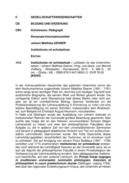 C GESELLSCHAFTSWISSENSCHAFTEN CB BILDUNG UND ERZIEHUNG CBC Schulwesen, Pädagogik Personale Informationsmittel Johann Matthias