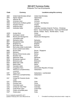 ISO 4217 Currency Codes Wikipedia the Free Encyclopedia