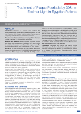 Treatment of Plaque Psoriasis by 308 Nm Excimer Light in Egyptian Patients Dermatology Section