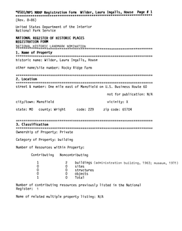 USDI/NPS NRHP Registration Form Wilder, Laura Ingalls, House Page # 1 ************************************************************************ (Rev