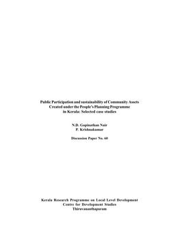 Public Participation and Sustainability of Community Assets Created Under the People’S Planning Programme in Kerala: Selected Case Studies