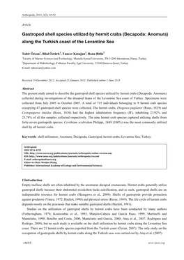 Gastropod Shell Species Utilized by Hermit Crabs (Decapoda: Anomura) Along the Turkish Coast of the Levantine Sea