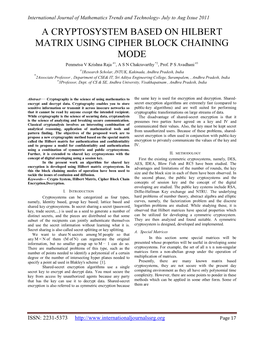 A CRYPTOSYSTEM BASED on HILBERT MATRIX USING CIPHER BLOCK CHAINING MODE Penmetsa V Krishna Raja #1, a S N Chakravarthy *2, Prof