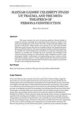 Hannah Gadsby: Celebrity Stand- Up, Trauma, and the Meta- Theatrics of Persona Construction