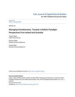 Managing Homelessness: Towards a Holistic Paradigm Perspectives from Ireland and Australia