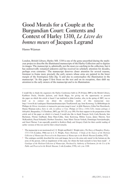 Good Morals for a Couple at the Burgundian Court: Contents and Context of Harley 1310, Le Livre Des Bonnes Meurs of Jacques Legrand