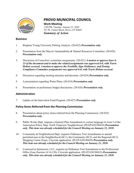 PROVO MUNICIPAL COUNCIL Work Meeting 1:00 PM, Tuesday, January 21, 2020 351 W