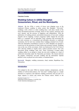 Wedding Culture in 1930S Shanghai: Consumerism, Ritual, and the Municipality
