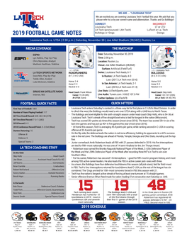 2019 FOOTBALL GAME NOTES Bulldogs Or ‘Dogs Dawgs Louisiana Tech Vs