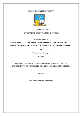 Midlands State University Faculty of Arts Department of Development Studies Research Topic Coping Strategies to Reduce Food Inse