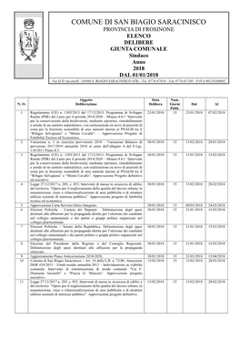 COMUNE DI SAN BIAGIO SARACINISCO PROVINCIA DI FROSINONE ELENCO DELIBERE GIUNTA COMUNALE Sindaco Anno 2018 DAL 01/01/2018 Via D.D