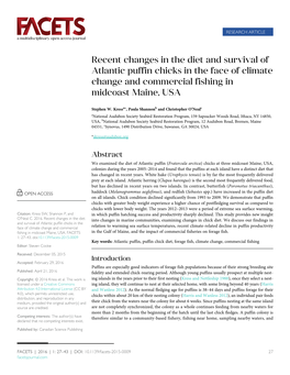 Recent Changes in the Diet and Survival of Atlantic Puffin Chicks in the Face of Climate Change and Commercial Fishing in Midcoast Maine, USA