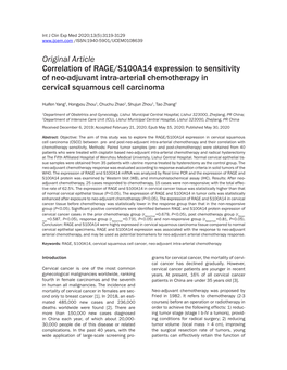 Original Article Correlation of RAGE/S100A14 Expression to Sensitivity of Neo-Adjuvant Intra-Arterial Chemotherapy in Cervical Squamous Cell Carcinoma