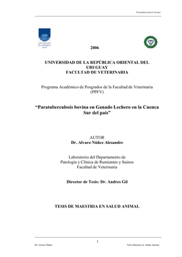 Paratuberculosis Bovina En Ganado Lechero En La Cuenca Sur Del País”