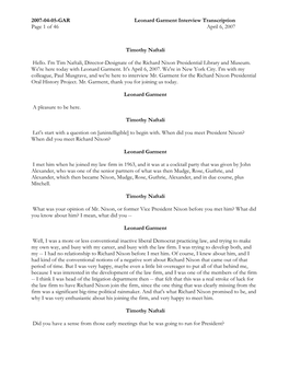 2007-04-05-GAR Leonard Garment Interview Transcription Page 1 of 46 April 6, 2007