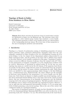 Topology of Bands in Solids: from Insulators to Dirac Matter