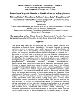 Diversity of Aquatic Weeds at Noakhali Sadar in Bangladesh