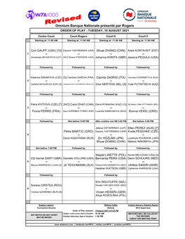 Omnium Banque Nationale Présenté Par Rogers ORDER of PLAY - TUESDAY, 10 AUGUST 2021