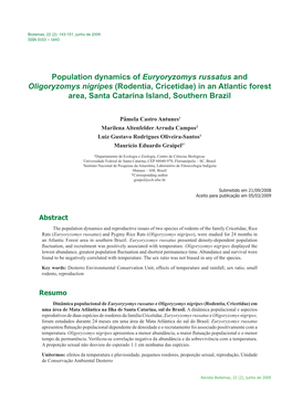 Population Dynamics of Euryoryzomys Russatus and Oligoryzomys Nigripes (Rodentia, Cricetidae) in an Atlantic Forest Area, Santa Catarina Island, Southern Brazil