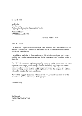 23 March 1998 Ian Dundas the Secretary Parliamentary Committee Inquiring Into Trading in Greenhouse Gas Emissions Parliament