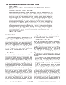 The Uniqueness of Clausius' Integrating Factor