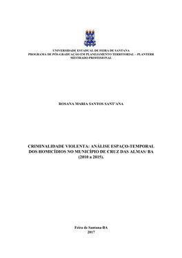 CRIMINALIDADE VIOLENTA: ANÁLISE ESPAÇO-TEMPORAL DOS HOMICÍDIOS NO MUNICÍPIO DE CRUZ DAS ALMAS/ BA (2010 a 2015)