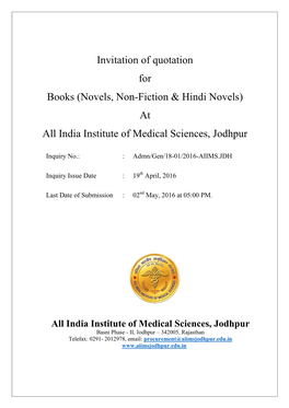 Invitation of Quotation for Books (Novels, Non-Fiction & Hindi Novels) at All India Institute of Medical Sciences, Jodhpur