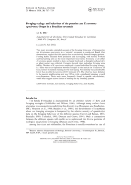 Foraging Ecology and Behaviour of the Ponerine Ant Ectatomma Opaciventre Roger in a Brazilian Savannah