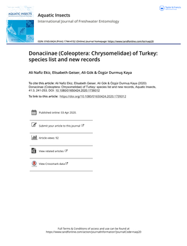 Donaciinae (Coleoptera: Chrysomelidae) of Turkey: Species List and New Records