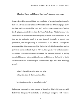 1 Classics, Class, and Cloaca: Harrison's Humane Coprology In