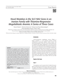 Novel Mutation in the SLC19A2 Gene in an Iranian Family with Thiamine-Responsive Megaloblastic Anemia