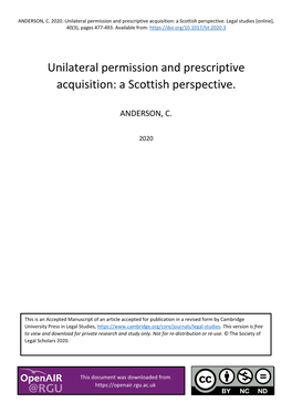 Unilateral Permission and Prescriptive Acquisition: a Scottish Perspective. Legal Studies [Online], 40(3), Pages 477-493