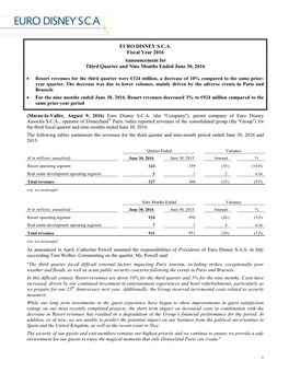 EURO DISNEY S.C.A. Fiscal Year 2016 Announcement for Third