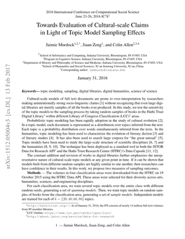 Towards Evaluation of Cultural-Scale Claims in Light of Topic Model Sampling Effects Arxiv:1512.05004V3 [Cs.DL] 13 Feb 2017