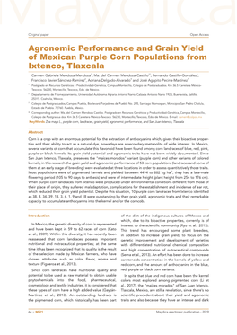 Agronomic Performance and Grain Yield of Mexican Purple Corn Populations from Ixtenco, Tlaxcala Carmen Gabriela Mendoza-Mendoza1, Ma